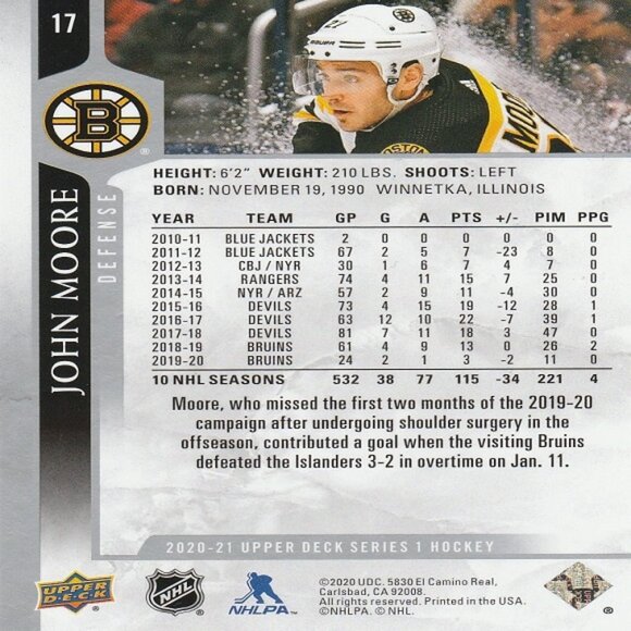 John Moore - 2020/2021 Upper Deck Series 1 Hockey Card - Picture 2 of 2